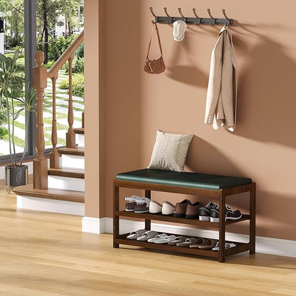 Shoe Bench Entryway, 100% Solid Solid Wood Shoe Rack Bench with Storage and Cushion Padded Seat, 3-Tier Shoe Organizer for Hallway Living Room, Mudrooms, Black