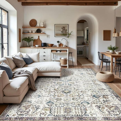 jinchan Kalen Area Rug 9x12 Washable Living Room Rug Vintage Indoor Large Floor Cover Retro Accent Mat Distressed Floral Country Boho Non Slip Thin Carpet for Bedroom Dining Room Office Blue Multi