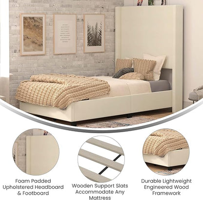 EMMA + OLIVER Nora Twin Size Faux Linen Upholstered Platform Bed with Plush Padded Wingback Headboard (No Box Spring Needed), Modern Upholstered Headboard Twin Bed Frame, Beige