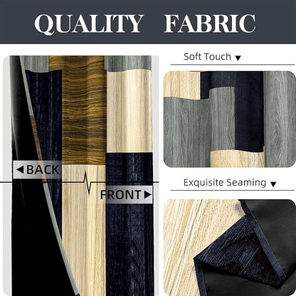 Wood Print Retro 100% Blackout Curtains for Bedroom 84 inch Long 2 Panels Set Modern Abstract Geometric Black Out Curtains Insulated Room Darkening Window Drapes for Living Room, 52Wx84L
