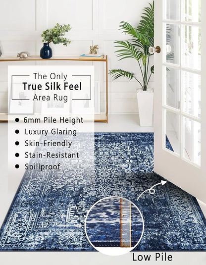 vivorug 5x7 Area Rugs, Stain Resistant Washable Rug for Living Room, Vintage-Inspired (Navy Blue, 5'x7')