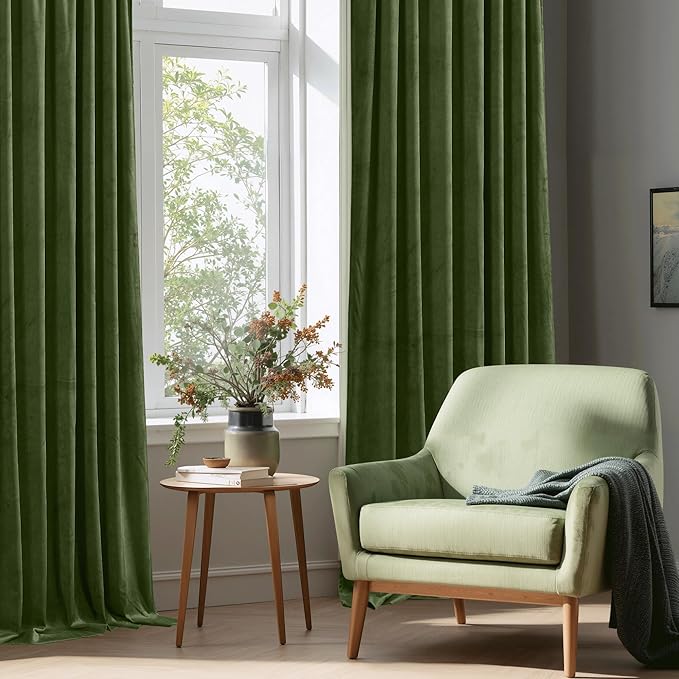 StangH Luxury Velvet Blackout Window Drapes Moss Green Curtains for Holiday Christmas Decoration, Soft Thermal Insulated Drapes for Loft/Dining Room, W42 x L96, 2 Panels