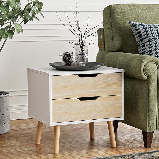 White Nightstand with 2 Drawer Dresser for Bedroom,Small White Oak Dresser with Drawers,End Table, Side Table for Bedroom,Living Room, Closet