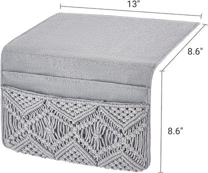Mkono Macrame Bedside Caddy Storage Organizer Boho Remote Control Tablet Magazine Holder with 4 Pockets Non-slip Countertop Bedside Caddy for Home Bedroom Living Room College Dorm Bed, Grey