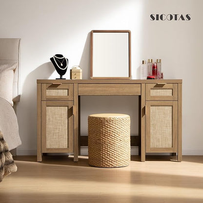 SICOTAS Rattan Vanity Home Office Desk - 52" Large Farmhouse Boho Makeup Vanity Dressing Table with 3 Drawers & 2 Storage Cabinets, Vanities Desk for Makeup Room,Bedroom, Home Office, Oak