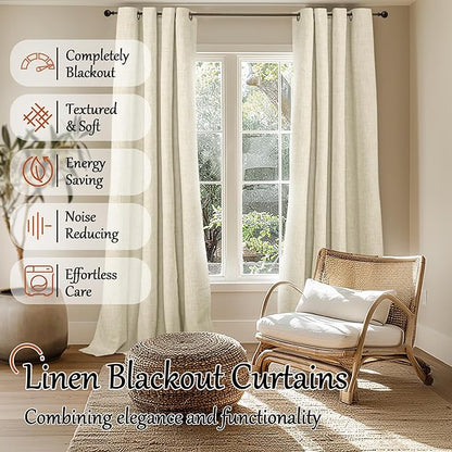 Cream 100% Blackout Curtains for Living Room 84 Inch Length 2 Panels Set, Thermal Insulated Light Blocking Faux Linen Curtains for Bedroom, Bronze Grommet Boho Window Drape Each 52" Wide
