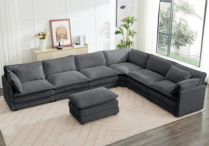 ROWHY 150'' Modular Sectional Corner Cloud Couch, 7 Seater Sofa Big Comfy Corduroy V Shaped Couch with 4 Throw Pillows, Movable Ottoman, Couches for Living Room Office Dark Grey