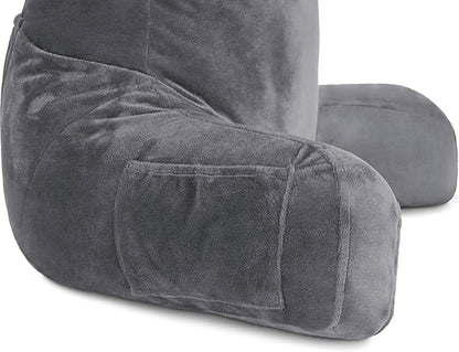 Husband Pillow Dark Grey, Standard+ Original Reading Pillow in Bed Rest Chair, Shredded Memory Foam Large Lounge Cushion Adult Backrest w/Arms, Comfy Back Support for Sit Sitting Up, Removable Cover