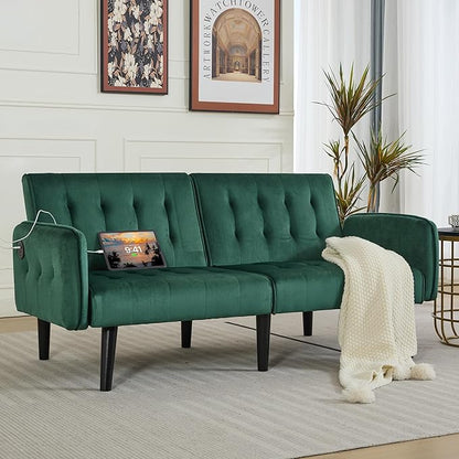 TYBOATLE 65" W Velvet Modern Convertible Folding Futon Couch Sofa Bed w/ 2 USB Charging Ports and arms, Loveseat for Living Room, Office, Apartment, Bedroom (Green)