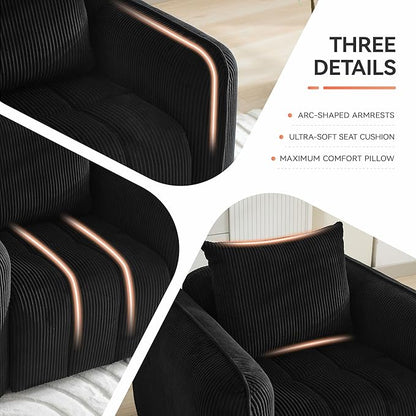 66'' Boneless Loveseat Sofa, 2 Seater Tufted Deep Seat Couch with Rounded Armrest, Upholstered Corduroy Cloud Couch for Living Room, Bedroom, No Assembly, Black