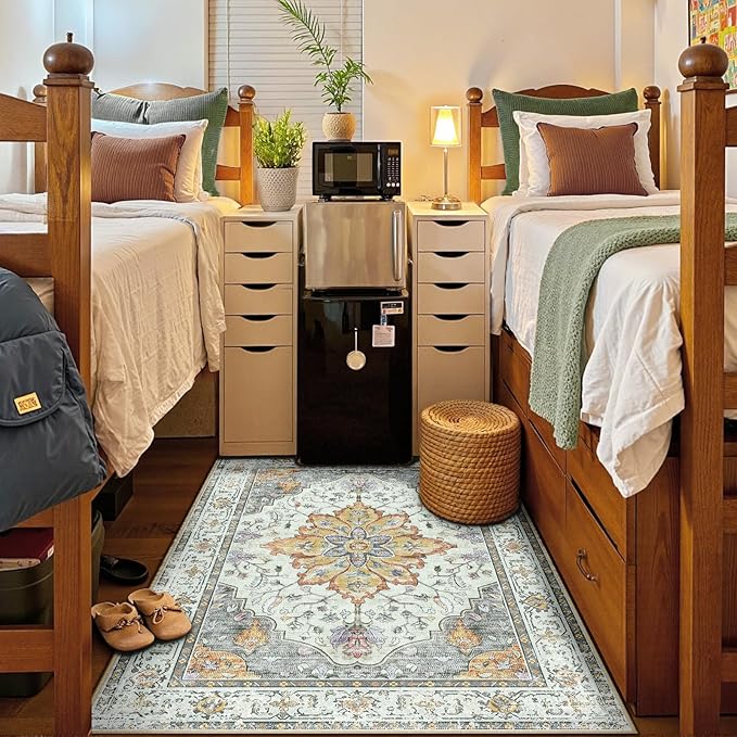 Area Rugs 5'x7' Washable Non-Slip, Floral Vintage Distress Print Pattern Medallion Carpet for Living Room Bedroom Dining Room, Light Yellow Carbon Grey Orange