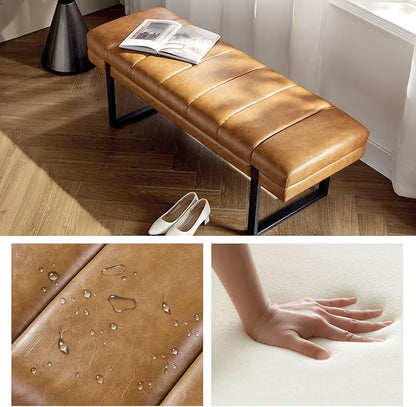 HULALA HOME 53" Faux Leather Entryway Bench, Button Tufted End of Bed Bench Ottoman for Bedroom, Living Room with Metal Base,Camel