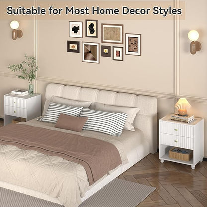 Modern Nightstand, Fluted End Table with 2 Drawers, Nightstand with Open Shelf for Bedroom (2, White)