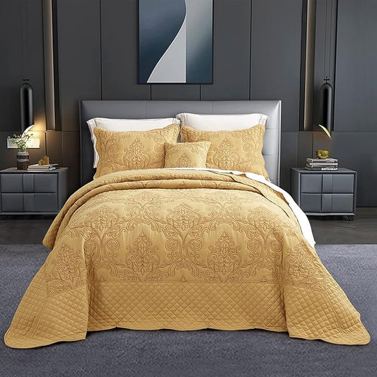 CHIXIN Oversized Bedspread Coverlet Set King Size - Lightweight Bedding Cover - Beautiful Stitching - 5 Piece Reversible Bedspread - Luxury Damask Paisley Pattern (King, Honey-Gold)