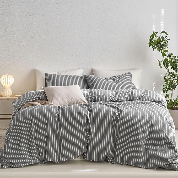 MooMee Striped Duvet Cover Set 100% Washed Cotton Linen Like Textured Breathable Durable Soft Comfy (Dark Grey White Wide Stripes, Super King Plus 120"x120")