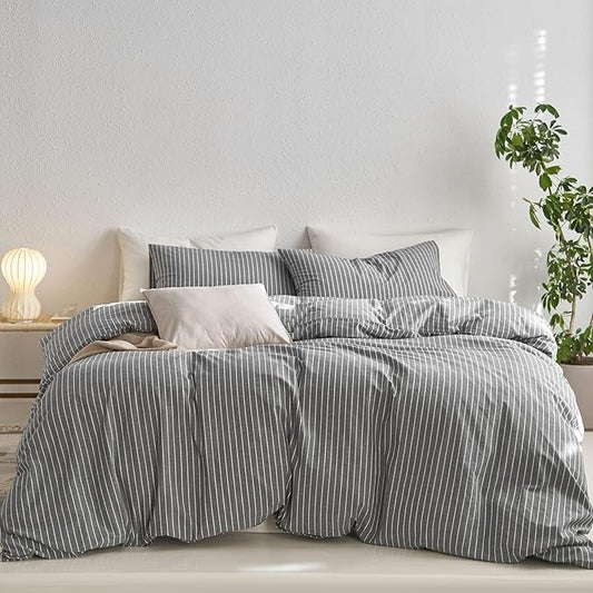 MooMee Striped Duvet Cover Set 100% Washed Cotton Linen Like Textured Breathable Durable Soft Comfy (Dark Grey White Wide Stripes, Palatial King/Oversized King 120"x98")