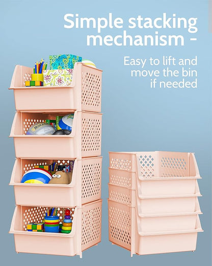 TidyFriend Stackable Storage Bins for Pantry, 4 Pack Stackable Bins For Organizing Food, Kitchen, and Bathroom Essentials (Cream)