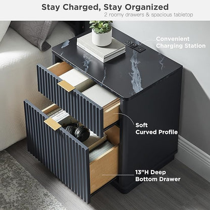 T4TREAM 23'' Fluted Nightstand Set of 2 with Charging Station, Large 2 Drawer Bedside Table, Modern End Table with Storage, Mid Century Night Stand for Bedroom Living Room, Curved Profile, Dark Grey