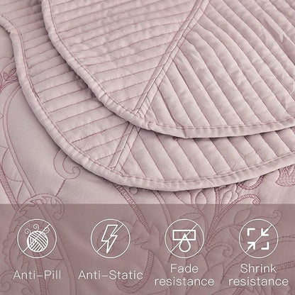 CHIXIN Bedspread Coverlet Quilt Set Full Size - Lightweight Bedding Cover - Beautiful Stitching - 5 Piece Reversible Bedspread - Gorgeous Damask Paisley Pattern (Full, Pale Rose)