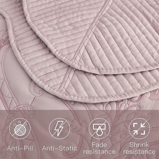 CHIXIN Bedspread Coverlet Set Queen Size - Lightweight Bedding Cover - Beautiful Stitching - 5 Piece Reversible Bedspread - Gorgeous Damask Paisley Pattern (Queen, Pale Rose)