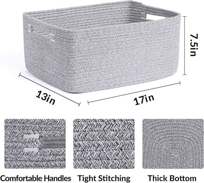 Large Storage Baskets for Organizing, Closet Shelf Baskets for Clothes Blanket Towels, Baby Nursery, Toy Bins Box, Woven Rope Baskets, 17 x 13 x 7.5”, 4 Packs Mixed Grey