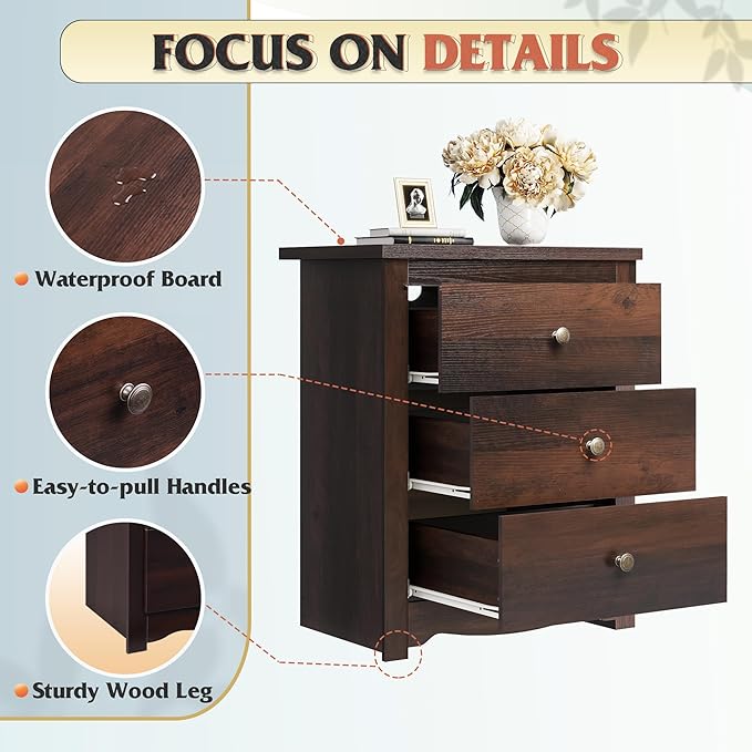 WLIVE Tall Nightstand with Charging Station, Wood Night Stand with 3 Drawers Storage, Bedside Table End Side Tables with 2 USB Ports and Outlets for Bedroom, Closet, Espresso