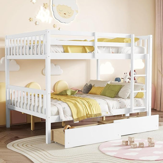 Full Over Full Bunk Bed with Storage Drawers,Convertible Bunk Beds with Ladder & Safety Guardrails,Full Size Bunk Beds for Kids Girls Boys,White