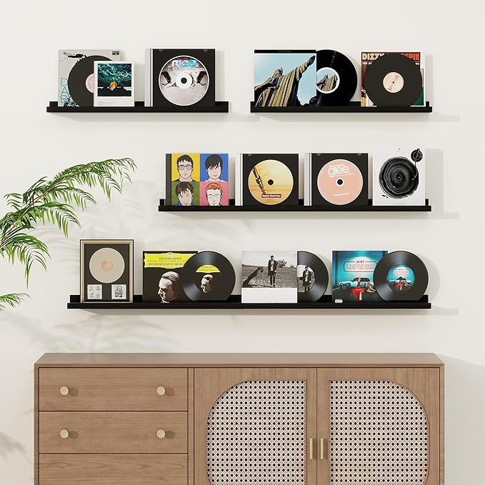 Fun Memories Picture Ledge Shelf, Solid Pine Wood Floating Shelves Set of 4, 16 Inches Nursery Book Shelves for Toys Storage, Kids Bookshelf Wall Mounted for Living Room Decor Photo Frames, Black