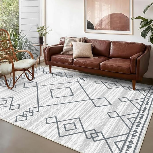 5x7 Area Rugs - Ultra-Thin Washable Rug with Non-Slip Backing, Ideal for Living Room, Bedroom, Kitchen Floor Carpet - Western Style, Easy Clean, Durable, Checkered