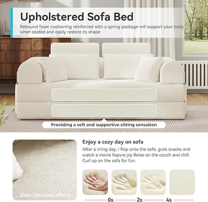 Upgrade High Backrest Design Sofa Bed with Fixed-Shape Frame & Removable Armrests and Backrest, 2 Corduroy Pillow, Convertible Mattress Couch for Small Spaces - No Assembly (High Backrest Beige)