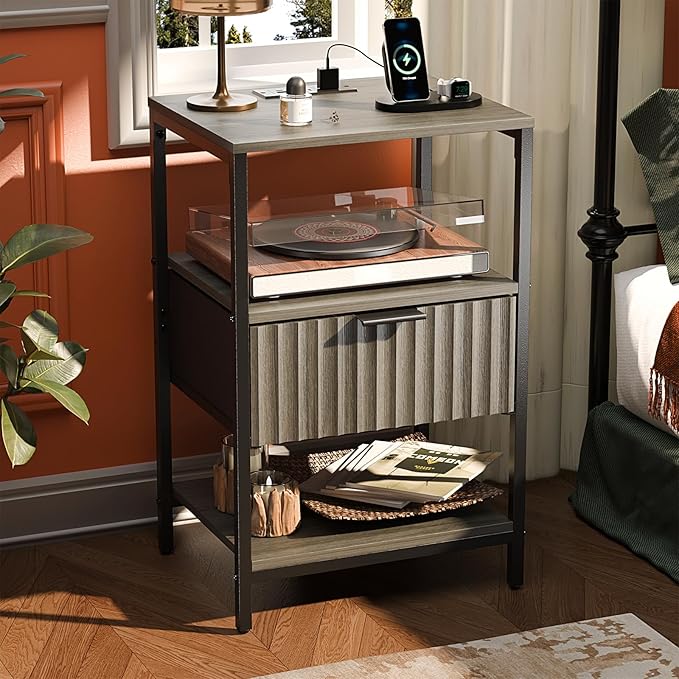 VINGLI Nightstands with Charging Station, Fluted Grey Night Stand Set of 2, Gray Nightstand with Fabric Drawer, Bed Side Tables/End Tables for Bedroom, 14.96" W*11.81" D*23.7" H
