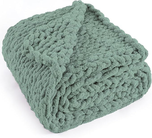 Chunky Knit Throw Blanket 50"X 60", 100% Handmade with Soft Chenille Yarn, 4.4lbs Thick Cable Knitted Blankets, Large Rope Knot Crochet Throws for Couch Sofa Bed Home Decor, Sage Green