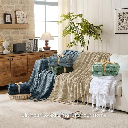 Boho Knitted Chenille Blanket with Tassels - Lightweight & Soft All-Season Throw - 3D Classic Pattern for Living Room Bedroom Couch, Sandy Beige, Twin 60"x80"
