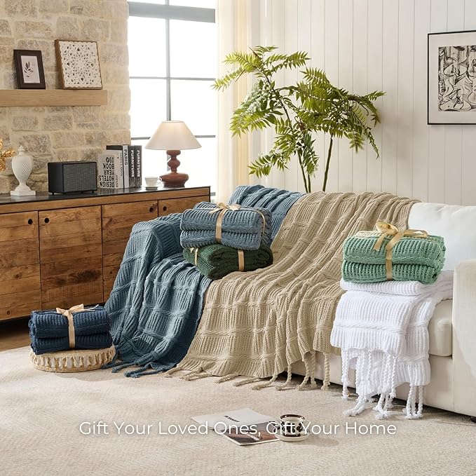 Boho Knitted Chenille Blanket with Tassels - Lightweight & Soft All-Season Throw - 3D Classic Pattern for Living Room Bedroom Couch, Sandy Beige, Queen 90"x90"