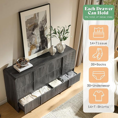 AMERLIFE 63" Fluted 6 Drawer Dresser, Long Modern Chest of Storage Drawers with Pine Handles, Rounded Corners & Anti-Tip Design, Wood Closet Organizer for Bedroom, Living Room, Nursery, Black