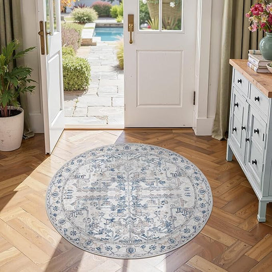 jinchan Lima Round Rug 4ft Vintage Machine Washable Area Rug Indoor Circle 4' Ultra-Thin Non-Slip Floral Print Carpet for Farmhouse Entryway Dining Room Living Room Bedroom Office (4'Round, Blue)