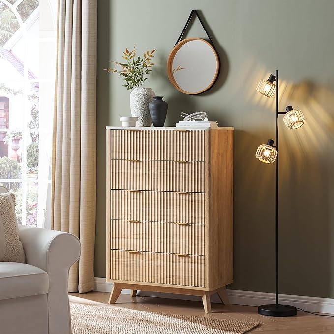 T4TREAM Fluted 5 Drawers Dresser, 48" Tall Modern Chest of Drawers with Faux Marble Top, Curved Profile Design, Wood Drawer Organizer for Bedroom, Living Room, Hallway, Entryway, Natural Oak