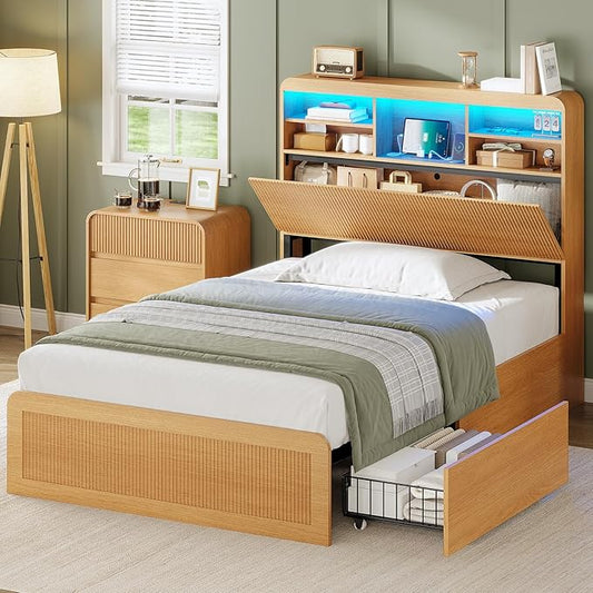 AOGLLATI Twin Bed Frames with 4 Storage Drawers and Hidden Storage Headboard, Wood Led Fluted Twin Bed with Charging Station and Curved Profile Design, No Box Spring Needed, Wood
