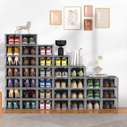 10 Pack Hard Sturdy Thickened Rigid XX Large Shoe Storage Organizer for Closet, Clear Stackable Sneaker Shoe Boxes Rack Containers Display Case Bins with Lids, Black Clear02