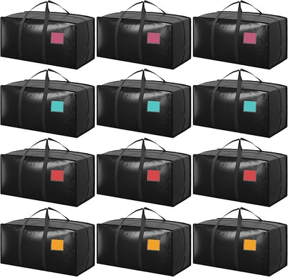 12 Pack Extra Large Heavy Duty Moving Bags with Reinforced Zipper & Wide Handles, Moisture-Resistant Storage Bins Packing Cubes for Clothes, College Dorm, Travel, and Home Organization, Black