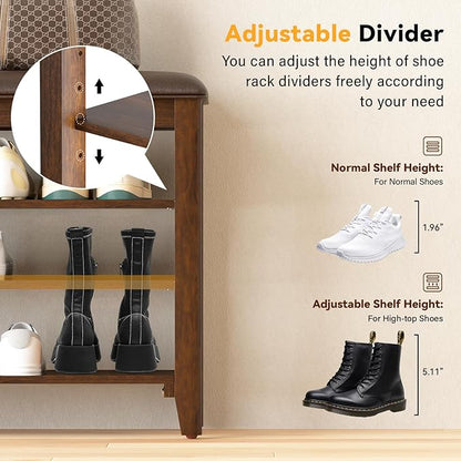 Shoe Bench Storage Rubberwood with Leather Cushion for Entryway Bench Ideal for Hallways Shoe Rack Front Doors Entrances Mudrooms Featuring 3 Height-Adjustable and Removable Shelves