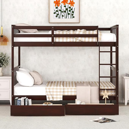 Merax Wood Bunk Bed with Drawers,Convertible Wood Bunk Bed with Ladders and Two Storage Drawers,Solid Wood Detachable Bed Frame with Ladders,Twin Over Twin Size,Espresso