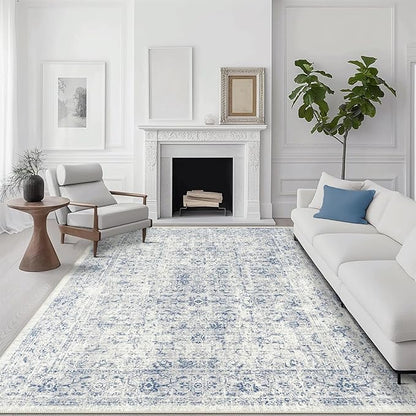 8x10 Area Rugs for Living Room, Non-Slip Backing Washable Rug 8x10, Blue Large Area Rug Soft Carpet for Bedroom Dining Room, Vintage Floral, Easy Clean, Durable, Low Pile Rug Under Table