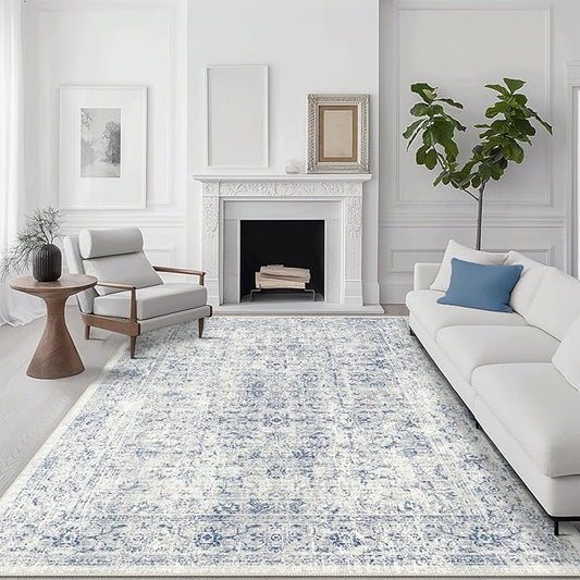 4x6 Rug, Small Area Rug for Living Room, Bedroom, Kitchen, Machine Washable Non-Slip Throw Rug, Vintage Distressed Floral Carpet for Entryway Nursery Dinner Room - Durable (Blue)