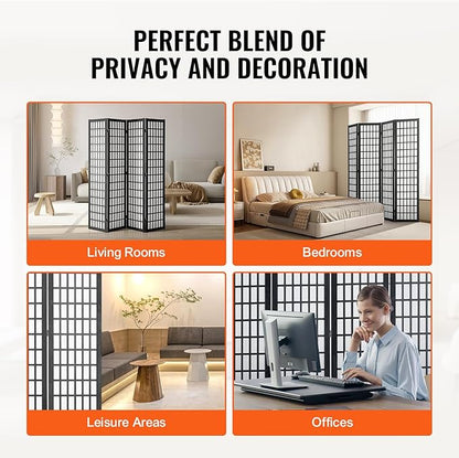VEVOR Room Divider, 4 Panel Japanese Room Divider, Wood Folding Privacy Screen Indoor, Partition Dividers Portable Decoration Screens, for Room Separation Home Office Restaurant & Bedroom(Black)