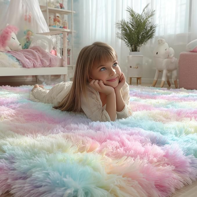 PAGISOFE 8x10 Rainbow Large Area Rug,Plush Rugs for Bedroom Girls,Shaggy Carpet for Kids Room,Fuzzy Nursery Rug for Baby's Toddler's Room,Clorful Room Decor for Teenage Pastel Princess Rug