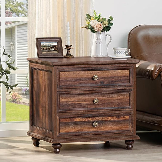 24" Wide Farmhouse Night Stand,Large End Table with 3 Drawers & Metal Handle,Dresser for Bedroom, Wood Bed Side Table Chest of Drawers Cabinet, Retro Brown Nightstand for Living Room,Closet