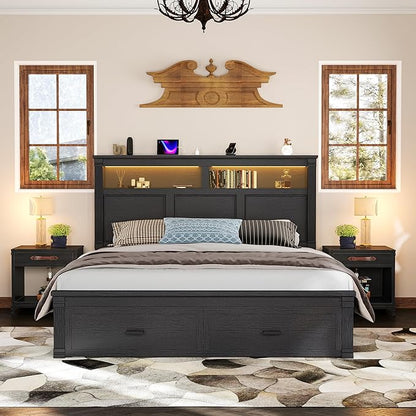 53" Tall Queen Bed Frame with Headboard and Storage, 2 Drawers and LED Built in Charging Station Bed Frame Queen Size with Farmhouse Roman Column Decoration,No Box Spring Needed (Black)