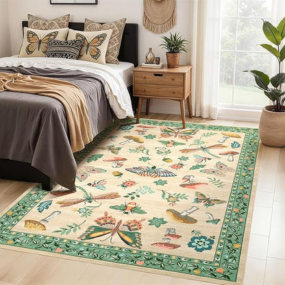 4x6 Rug Non-Slip Washable Carpet - Mushroom Soft Low-Pile Stain Resistant Rugs for Nursery Kitchen Bedroom Living Room Entryway Indoor Mat Khaki Green