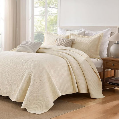 MarCielo 100% Cotton Quilt Set Lightweight Bedspread with Scalloped Edge, Farmhouse Vintage Bedding, All Season Use(Tu Beige,Queen (98"x102"))